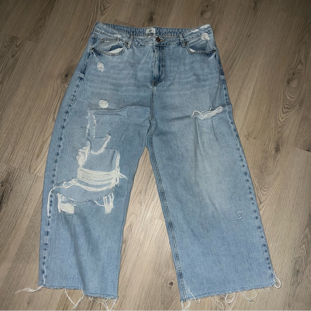 River Island Wide Leg Jeans Light Blue Distressed 100% Cotton UK 16 EUR 42R